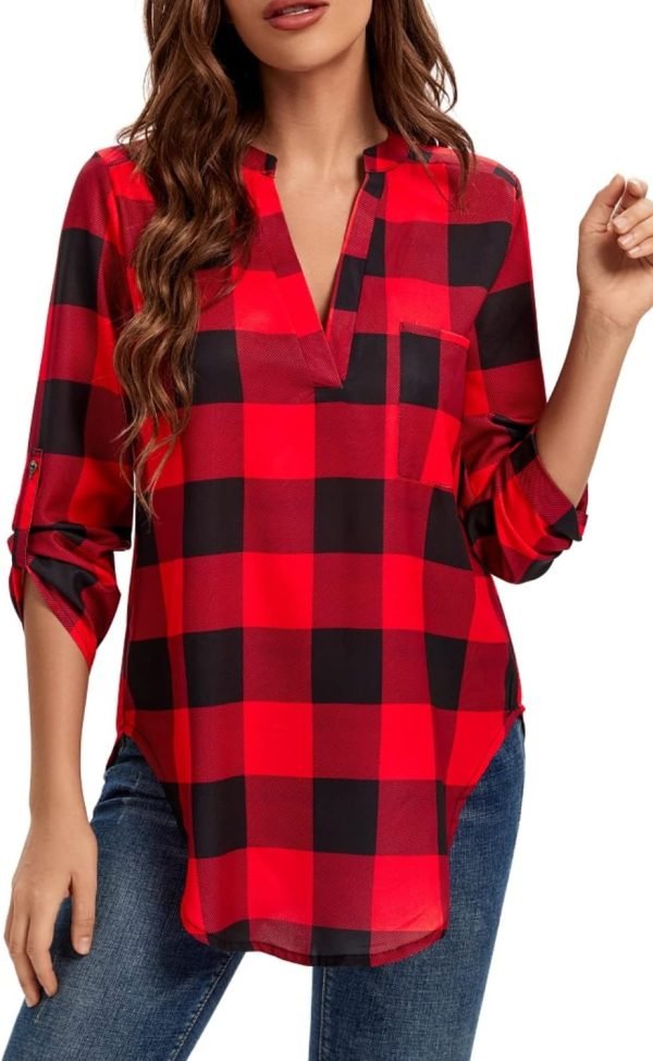 71GVN7ZRETL._AC_SL1500 Jngrtsyjvip Fashion Women's Split-Neck Roll-Tab Sleeves Tunic - Perfect Long for Leggings Shirt Cute Versatile Top Notch V Neck Plus Size Blouse