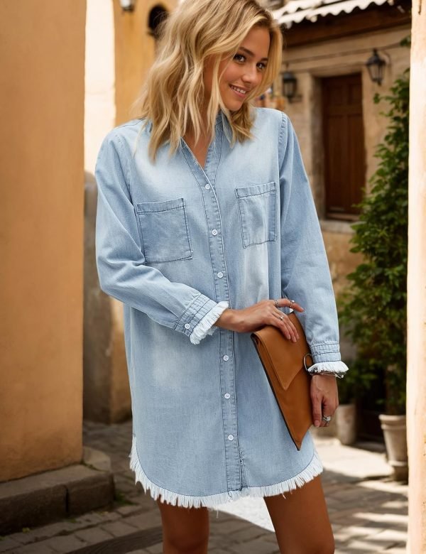 Jngrtsyjvip Fashion   Women Denim Shirt Dresses Long Sleeve Distressed Jean Dress Button Down Casual Tunic Top