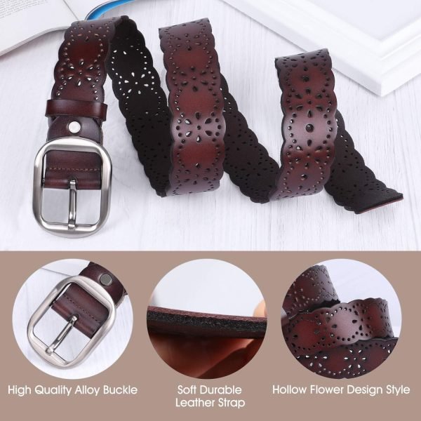 Jngrtsyjvip Fashion  Women’s Hollow Flower Leather Belt for Jeans Pants Wide Belt for Ladies