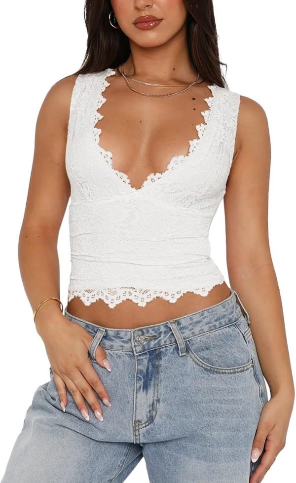 Jngrtsyjvip Fashion Womens Sexy V-Neck Sleeveless Double Lined Going Out Y2K Trendy Lace Cropped Tank Tops