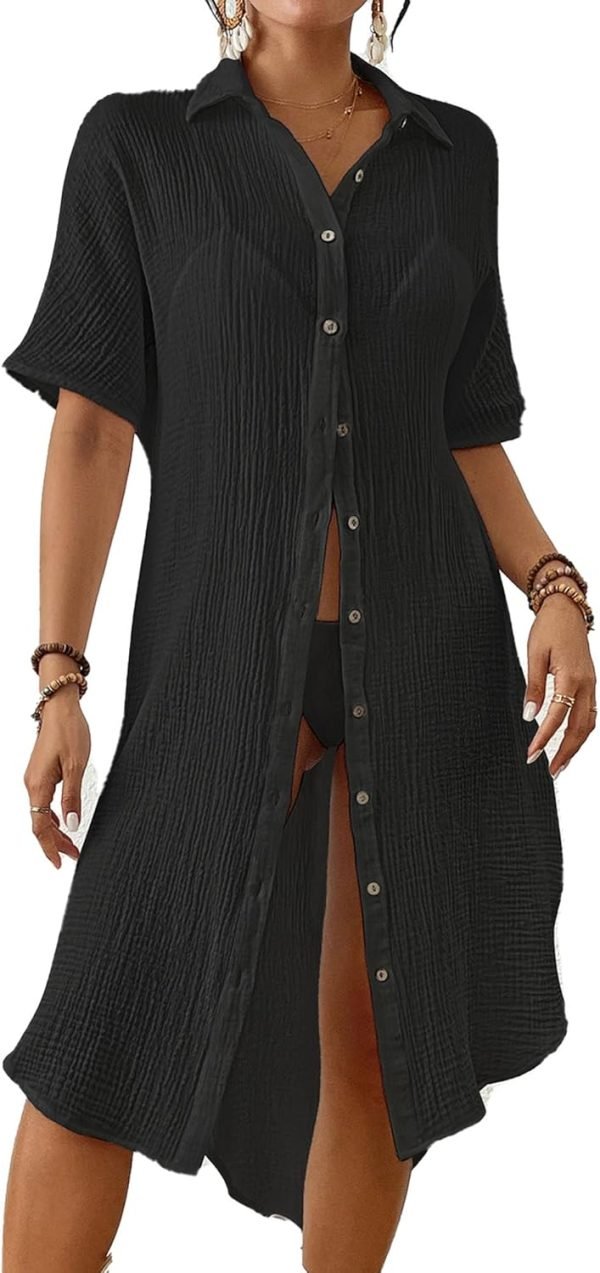 Jngrtsyjvip Fashion  Women's Swimwear Cover ups Beach button shirts Blouse Button Down Shirt Dresses Beach Cover ups for Women