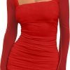 Jngrtsyjvip Fashion   Women's Sexy Ruched Bodycon Mini Dress Mesh Long Sleeve Club Party Short Dresses