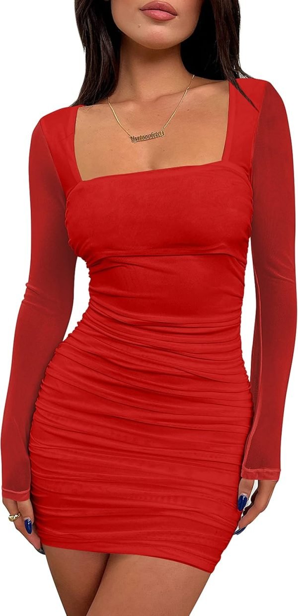 Jngrtsyjvip Fashion   Women's Sexy Ruched Bodycon Mini Dress Mesh Long Sleeve Club Party Short Dresses