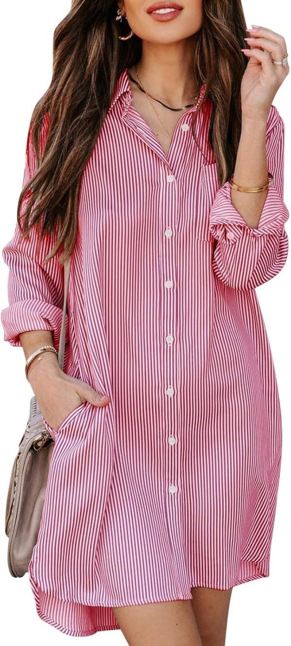 71JPlQ8mbaL._AC_SL1500 Jngrtsyjvip Fashion Womens Button Down Shirt Dresses with Pockets Cotton Striped Shirts Collared Tunics Long Sleeve High Low Blouse Tops