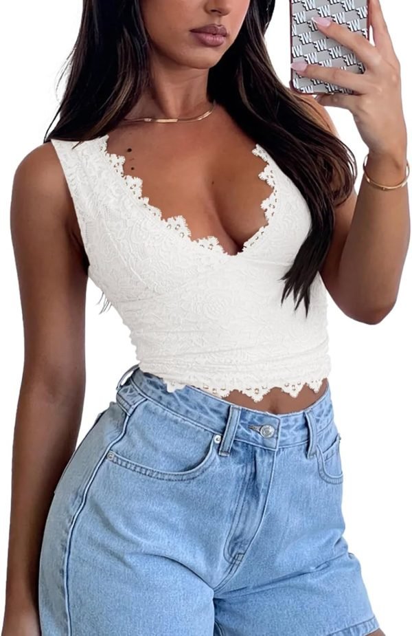 Jngrtsyjvip Fashion Womens Sexy V-Neck Sleeveless Double Lined Going Out Y2K Trendy Lace Cropped Tank Tops