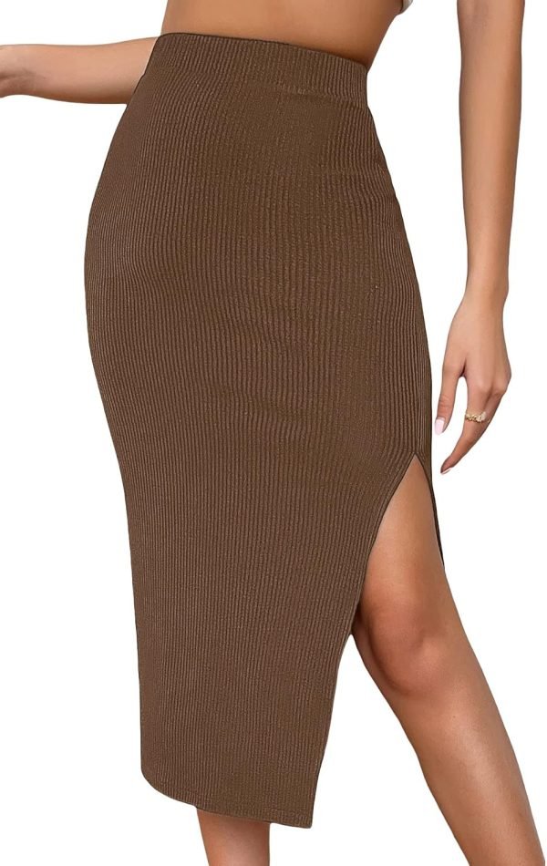 Jngrtsyjvip Fashion  Women's High Waist Slit Hem Rib Knit Midi Bodycon Skirt