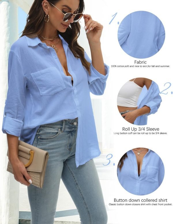 Jngrtsyjvip Fashion Womens Button Down Shirts Long/Roll Up Sleeve cotton and linen women's shirt Collared Work Blouses Oversized Loose Tops with Pocket