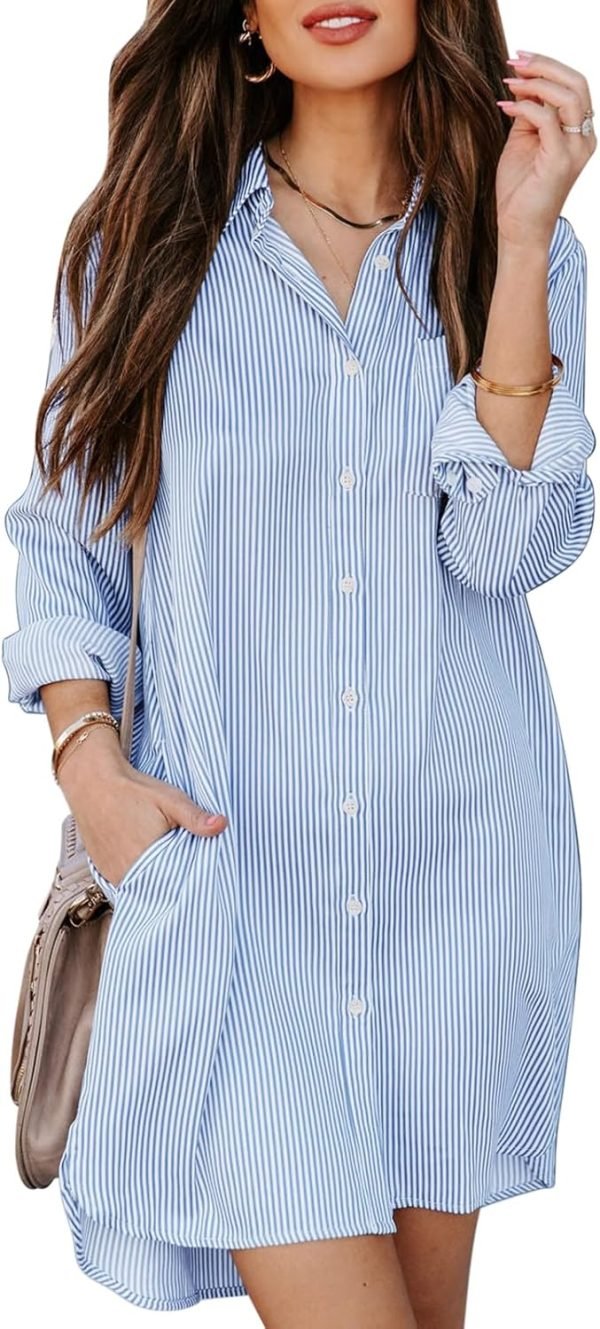 71MNue-2gSL._AC_SL1500 Jngrtsyjvip Fashion Womens Button Down Shirt Dresses with Pockets Cotton Striped Shirts Collared Tunics Long Sleeve High Low Blouse Tops