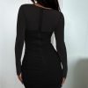 Jngrtsyjvip Fashion   Women's Sexy Ruched Bodycon Mini Dress Mesh Long Sleeve Club Party Short Dresses