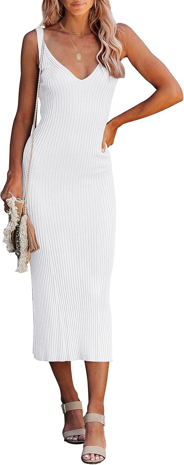 Jngrtsyjvip Fashion  Womens 2024 Summer V Neck Knit Midi Dress Bodycon Sleeveless Ribbed Sweater Dresses