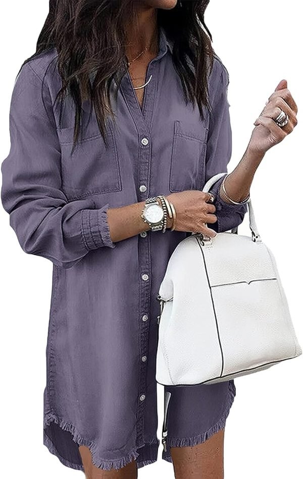 Jngrtsyjvip Fashion   Women Denim Shirt Dresses Long Sleeve Distressed Jean Dress Button Down Casual Tunic Top