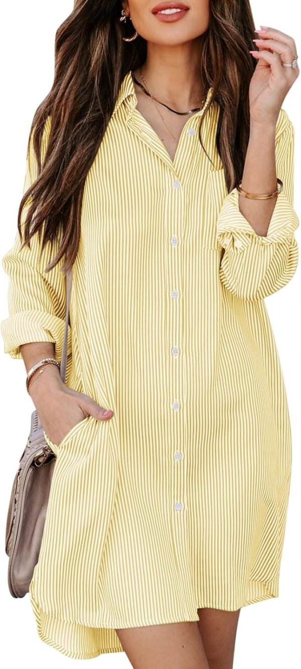 71QtMznFlOL._AC_SL1500 Jngrtsyjvip Fashion Womens Button Down Shirt Dresses with Pockets Cotton Striped Shirts Collared Tunics Long Sleeve High Low Blouse Tops