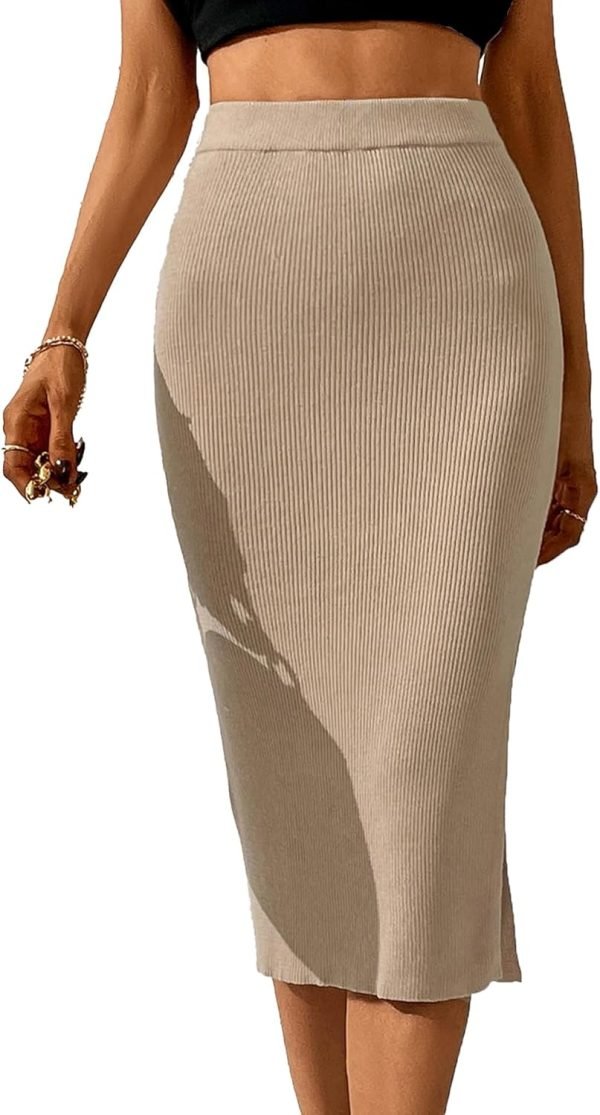 Jngrtsyjvip Fashion  Women's High Waist Slit Hem Rib Knit Midi Bodycon Skirt