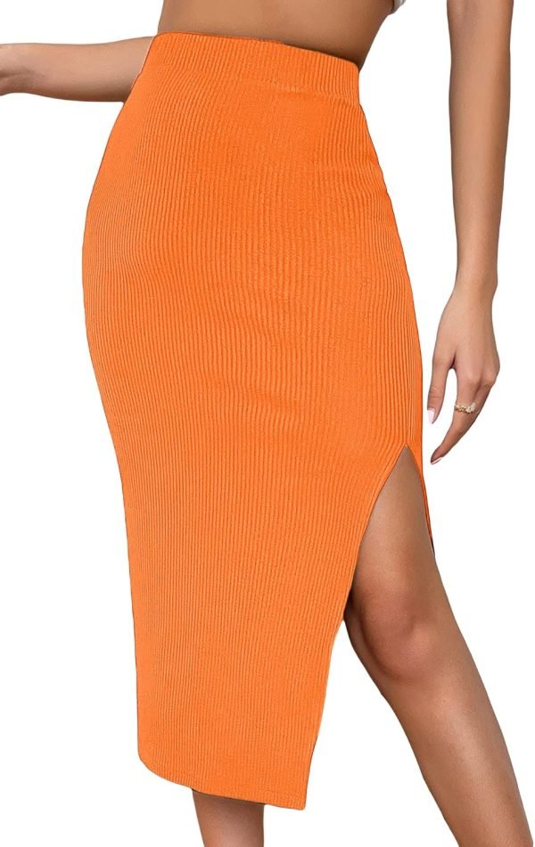 Jngrtsyjvip Fashion  Women's High Waist Slit Hem Rib Knit Midi Bodycon Skirt