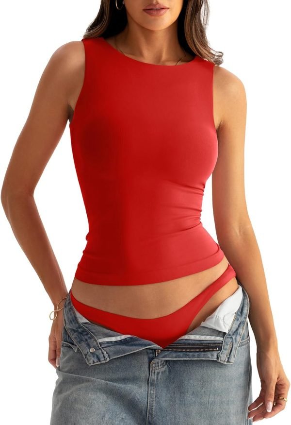 71Ux6s6R_tL._AC_SL1500 Jngrtsyjvip Fashion Womens Boat Neck Seamless Tank Tops Sleeveless Double Layering Shirts Basic Going Out Tops Summer Outfits