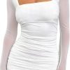 Jngrtsyjvip Fashion   Women's Sexy Ruched Bodycon Mini Dress Mesh Long Sleeve Club Party Short Dresses