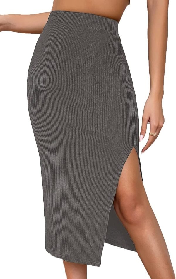 Jngrtsyjvip Fashion  Women's High Waist Slit Hem Rib Knit Midi Bodycon Skirt