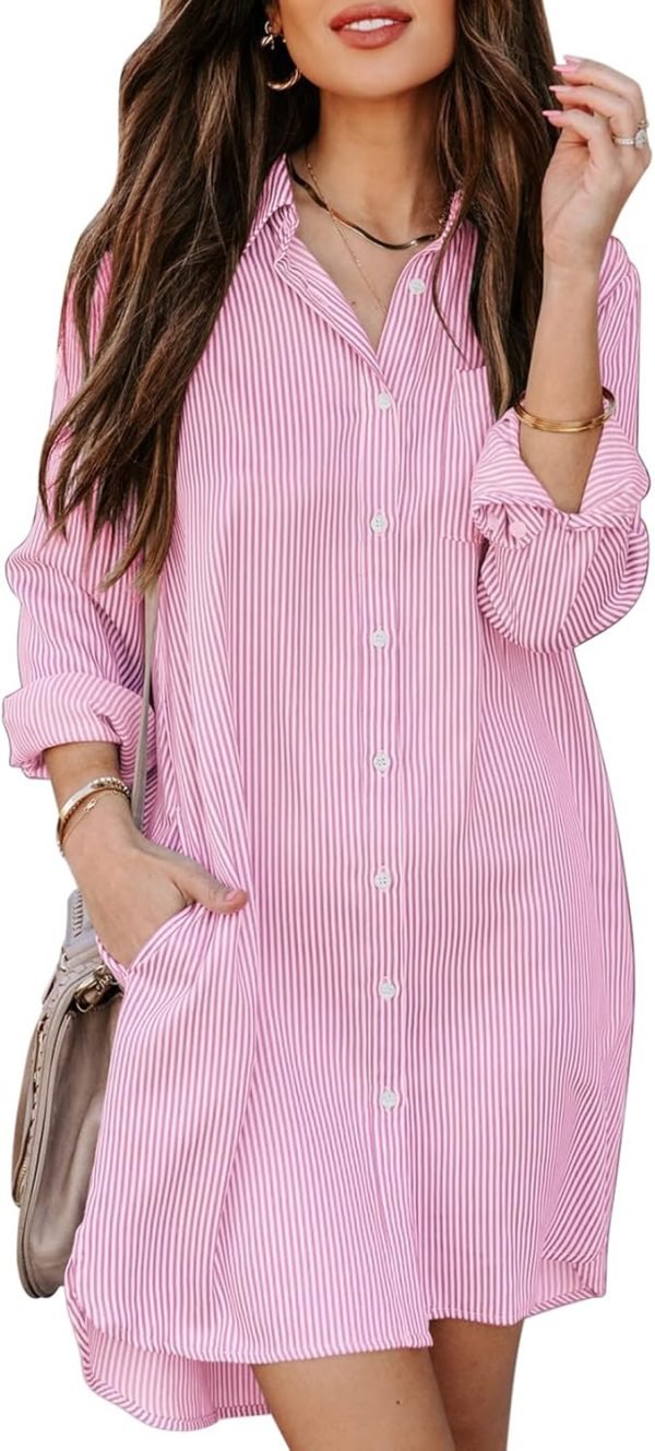 71ZMkm7ZI_L._AC_SL1500 Jngrtsyjvip Fashion Womens Button Down Shirt Dresses with Pockets Cotton Striped Shirts Collared Tunics Long Sleeve High Low Blouse Tops
