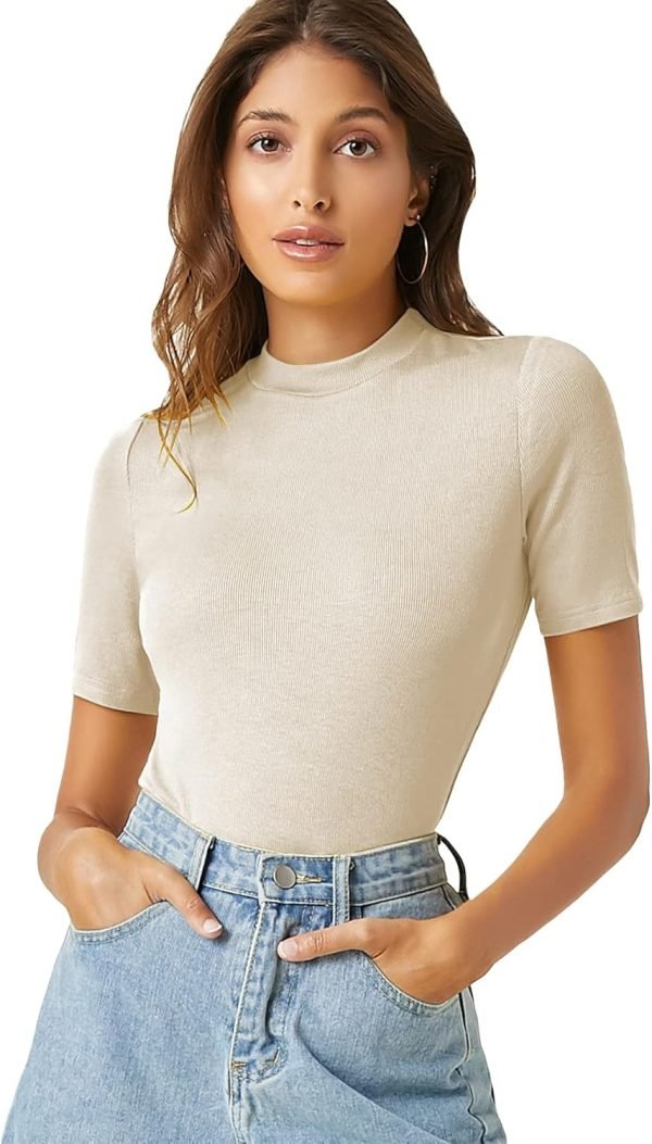 Jngrtsyjvip Fashion Women's Casual Basic Mock Neck Short Sleeve Rib Knit Tee Top