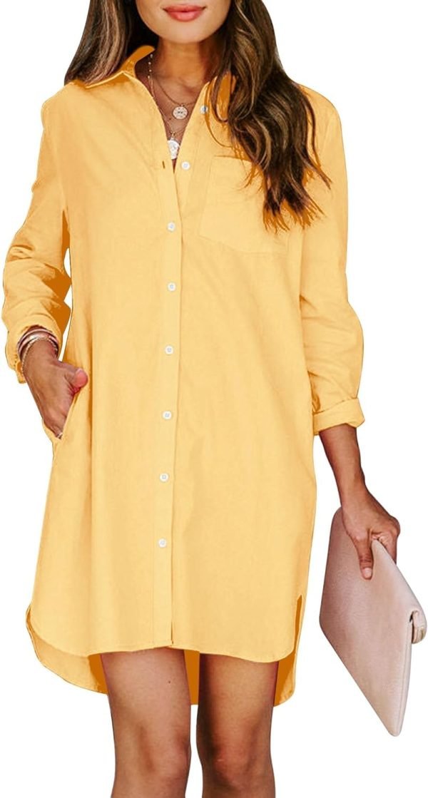 Jngrtsyjvip Fashion Womens Button Down Shirt Dresses with Pockets Cotton Button Up Tunics Long Sleeve Solid High Low Blouse Tops