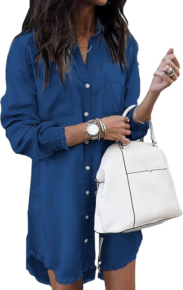 Jngrtsyjvip Fashion   Women Denim Shirt Dresses Long Sleeve Distressed Jean Dress Button Down Casual Tunic Top