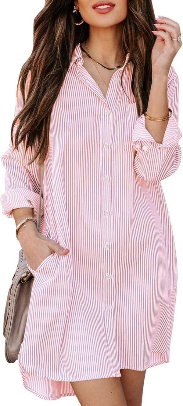 71cN5mcki3L._AC_SL1500 Jngrtsyjvip Fashion Womens Button Down Shirt Dresses with Pockets Cotton Striped Shirts Collared Tunics Long Sleeve High Low Blouse Tops