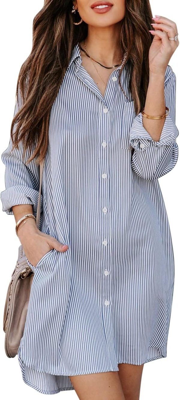 71cn3GrdjBL._AC_SL1500 Jngrtsyjvip Fashion Womens Button Down Shirt Dresses with Pockets Cotton Striped Shirts Collared Tunics Long Sleeve High Low Blouse Tops