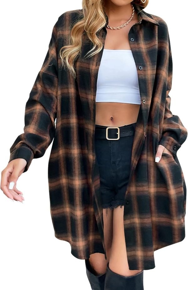 Jngrtsyjvip Fashion   Women's Button Down Flannel Shirts Plaid Shacket Long Sleeve Collared Long Jacket Coats