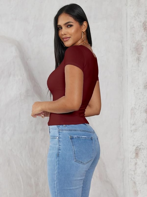 Jngrtsyjvip Fashion Womens Summer Sexy Short Sleeve Square Neck Double Lined Basic Slim Fit Crop T Shirt