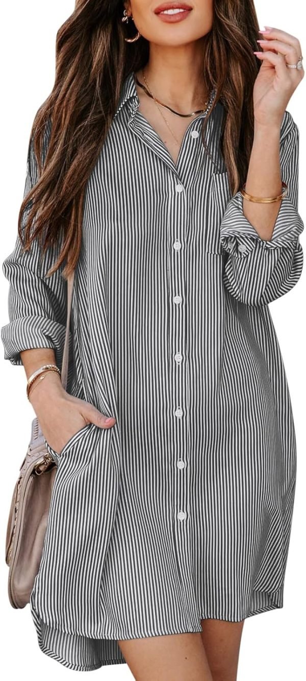 71fkBIRju_L._AC_SL1500 Jngrtsyjvip Fashion Womens Button Down Shirt Dresses with Pockets Cotton Striped Shirts Collared Tunics Long Sleeve High Low Blouse Tops