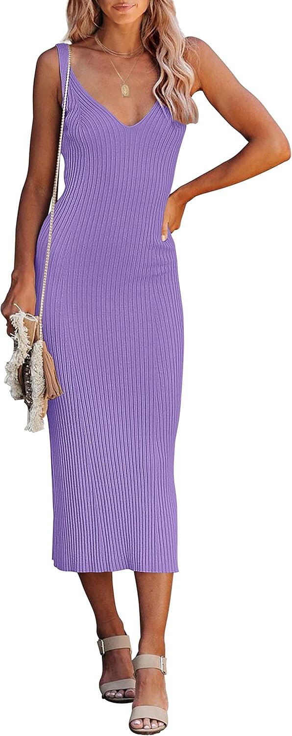 Jngrtsyjvip Fashion  Womens 2024 Summer V Neck Knit Midi Dress Bodycon Sleeveless Ribbed Sweater Dresses