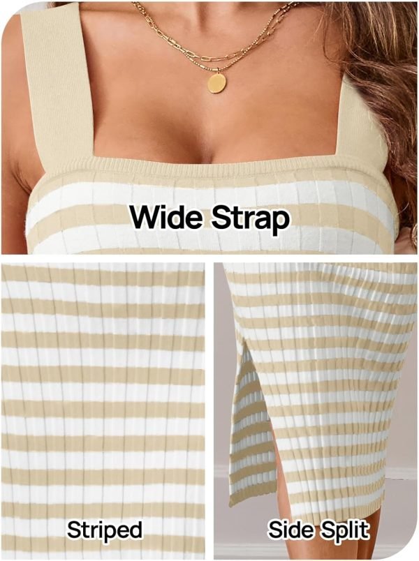 71h4kB1QIXL._AC_SL1500 Jngrtsyjvip Fashion Women's 2024 Summer Striped Knit Bodycon Midi Dress Square Neck Side Slit Tank Ribbed Sweater Dresses