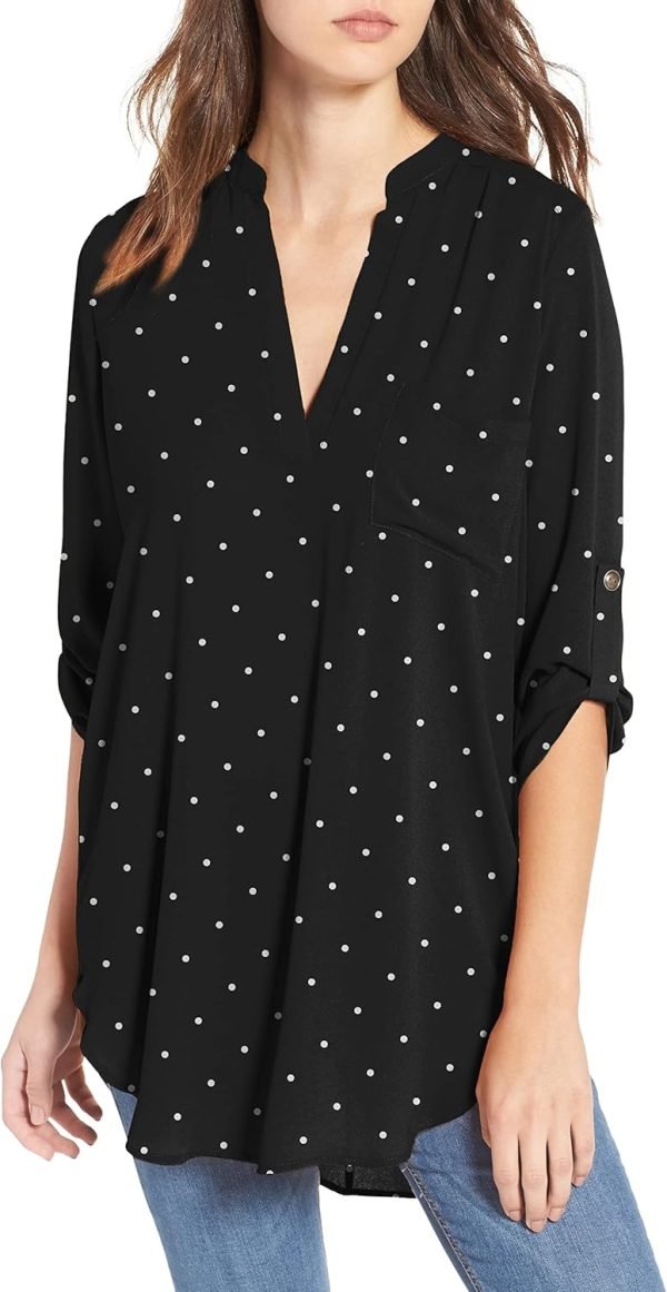 71hcqqQsAKL._AC_SL1500 Jngrtsyjvip Fashion Women's Split-Neck Roll-Tab Sleeves Tunic - Perfect Long for Leggings Shirt Cute Versatile Top Notch V Neck Plus Size Blouse