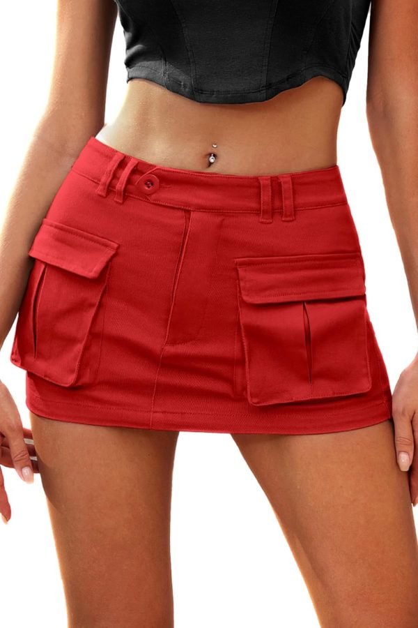 71iE6JfehgL._AC_SL1500 Jngrtsyjvip Fashion Women's Low Waist Mini Cargo Skirt Y2K, High-Stretch Bodycon Button Denim Skirt with Pockets