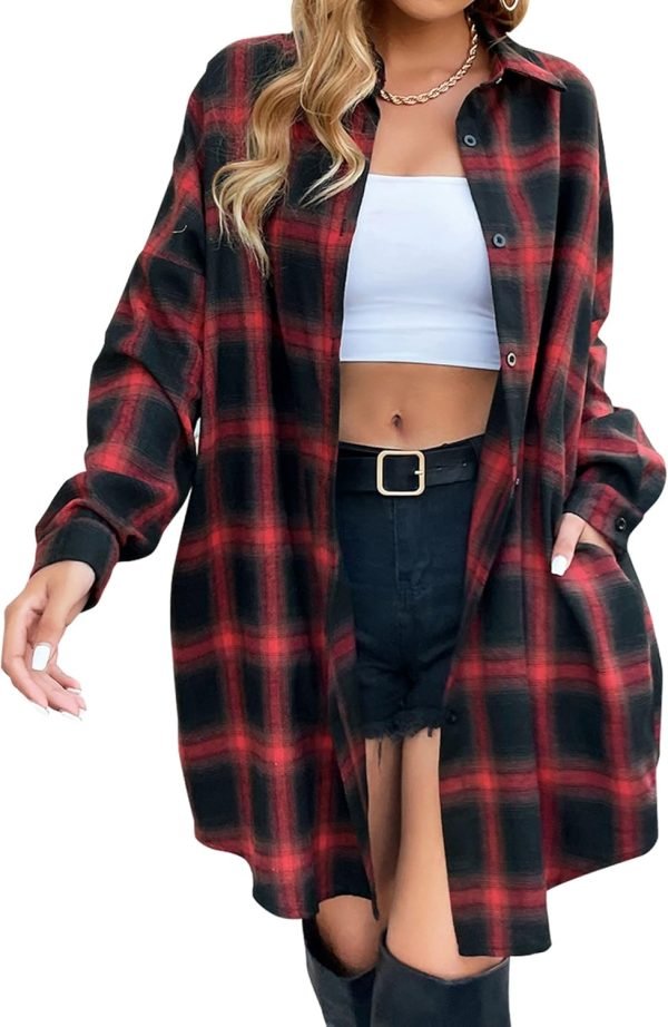 Jngrtsyjvip Fashion   Women's Button Down Flannel Shirts Plaid Shacket Long Sleeve Collared Long Jacket Coats
