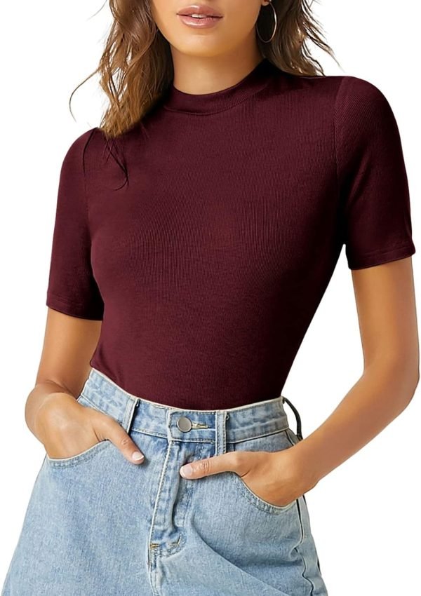 Jngrtsyjvip Fashion Women's Casual Basic Mock Neck Short Sleeve Rib Knit Tee Top