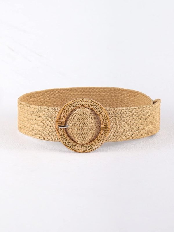 Jngrtsyjvip Fashion  Women's Round Buckle Elastic Straw Belts Boho Waist Belt
