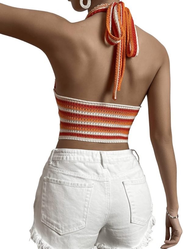 Jngrtsyjvip Fashion Women's Striped Colorblock Tie Backless V Neck Knitted Crop Halter Top