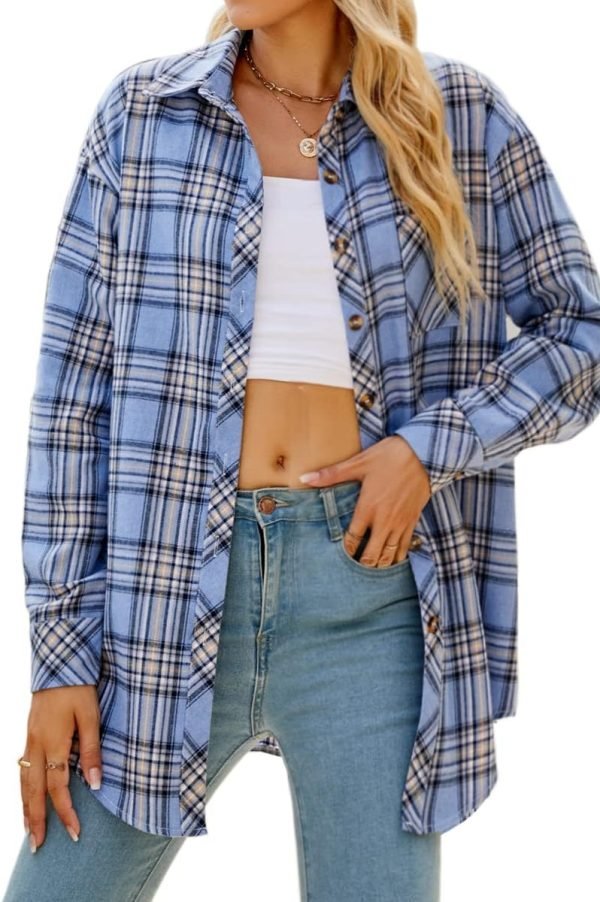 Jngrtsyjvip Fashion   Womens Button Down Flannel Shirts Long Sleeve Plaid Shackets Business Casual Blouse Top