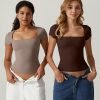 Jngrtsyjvip Fashion Women's Square Neck Short Sleeve T Shirts Double Lined Basic Tee Slim Fit Tops