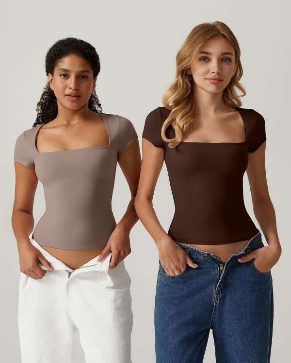 Jngrtsyjvip Fashion Women's Square Neck Short Sleeve T Shirts Double Lined Basic Tee Slim Fit Tops
