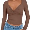 71ooUfHBECL._AC_SL1500 Jngrtsyjvip Fashion Womens Twisted Knot Long Sleeve T Shirts V Neck Basic Tee Cute Slim Tight Going Out Y2k Crop Fall Fashion Tops