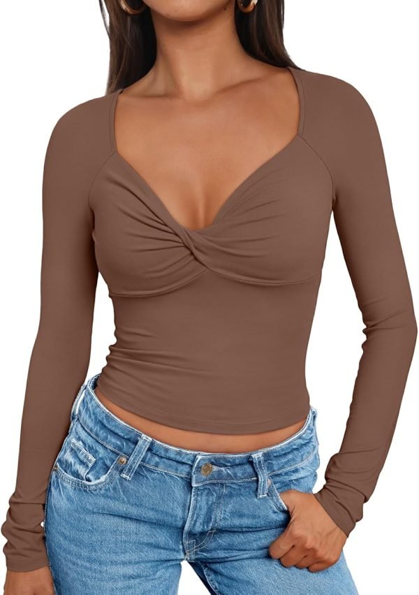 71ooUfHBECL._AC_SL1500 Jngrtsyjvip Fashion Womens Twisted Knot Long Sleeve T Shirts V Neck Basic Tee Cute Slim Tight Going Out Y2k Crop Fall Fashion Tops