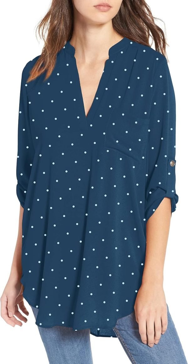 71pLn7SnPFL._AC_SL1500 Jngrtsyjvip Fashion Women's Split-Neck Roll-Tab Sleeves Tunic - Perfect Long for Leggings Shirt Cute Versatile Top Notch V Neck Plus Size Blouse