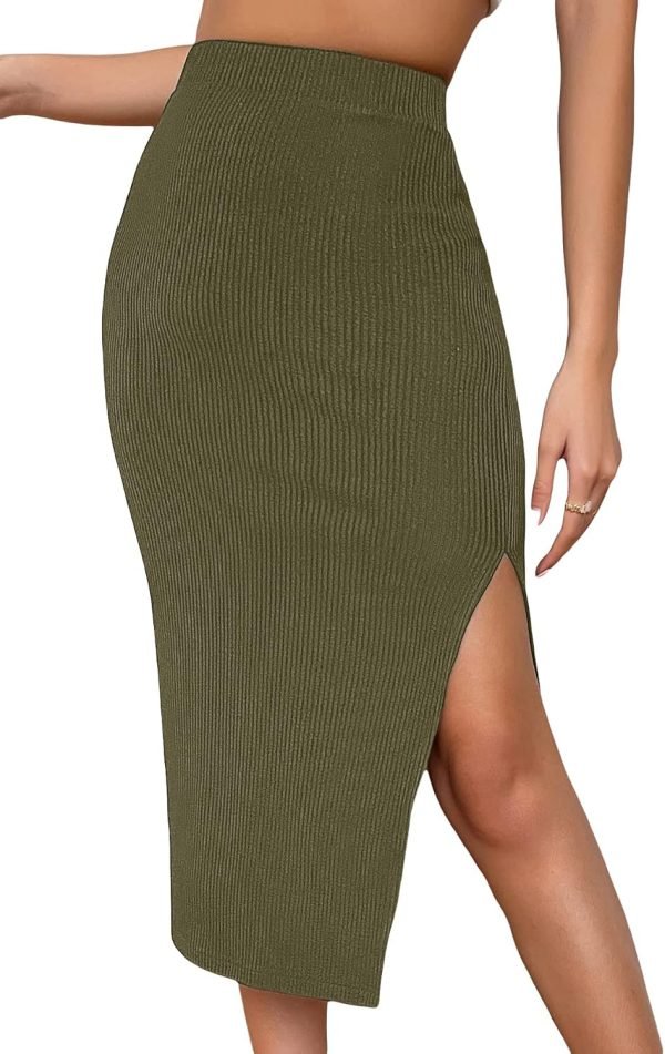 Jngrtsyjvip Fashion  Women's High Waist Slit Hem Rib Knit Midi Bodycon Skirt