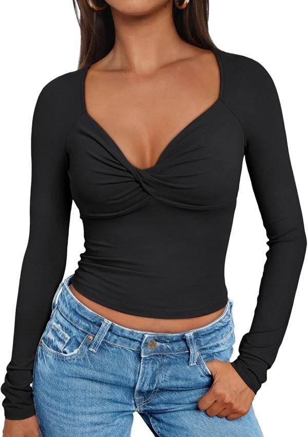 71q2zK-vUAL._AC_SL1500 Jngrtsyjvip Fashion Womens Twisted Knot Long Sleeve T Shirts V Neck Basic Tee Cute Slim Tight Going Out Y2k Crop Fall Fashion Tops