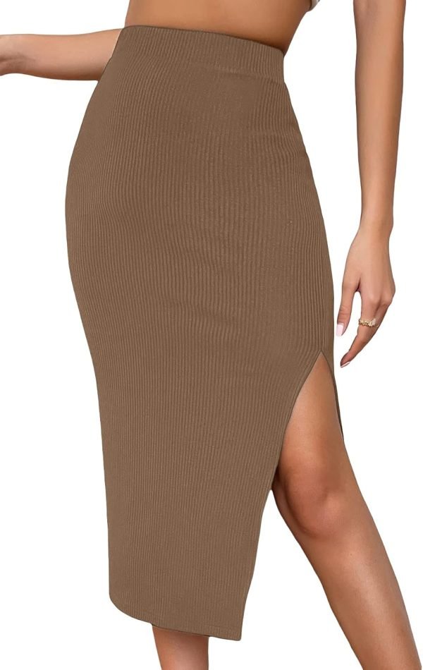 Jngrtsyjvip Fashion  Women's High Waist Slit Hem Rib Knit Midi Bodycon Skirt