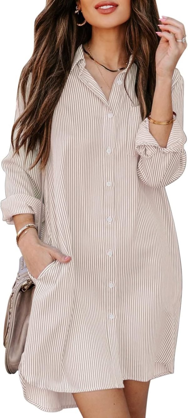 71rLZPKV4SL._AC_SL1500 Jngrtsyjvip Fashion Womens Button Down Shirt Dresses with Pockets Cotton Striped Shirts Collared Tunics Long Sleeve High Low Blouse Tops
