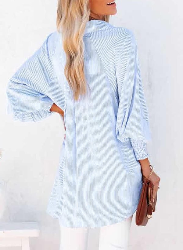 Jngrtsyjvip Fashion Women's Smocked Cuffed Striped Boyfriend Shirt with Pocket Casual Collar Long Sleeve Blouse Tops for Pocket Shirred