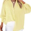Jngrtsyjvip Fashion Women's Smocked Cuffed Striped Boyfriend Shirt with Pocket Casual Collar Long Sleeve Blouse Tops for Pocket Shirred